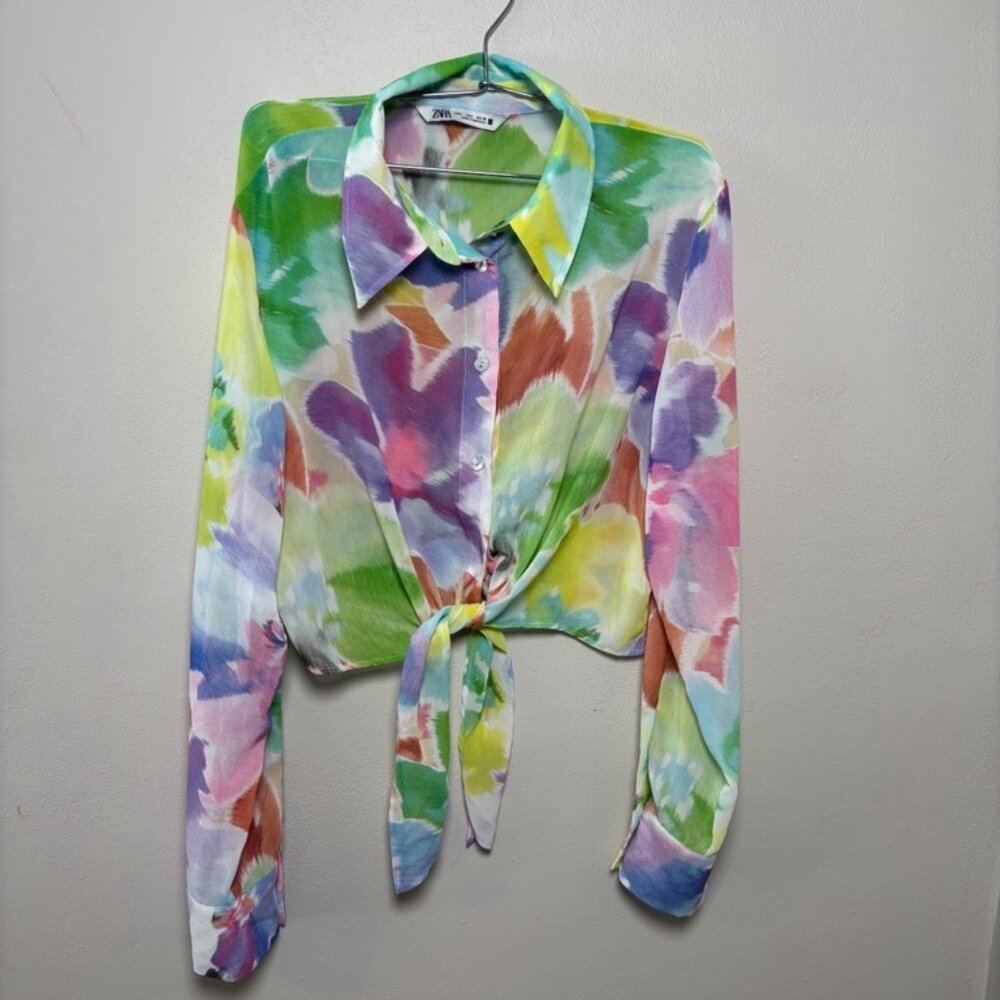 ZARA Floral Tie-Front Button Down Crop Blouse – Women’s Large
